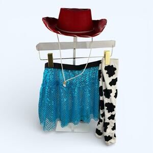 Toy Story's Jessie Running Costume with Hat Skirt and Cow Print Socks sz medium